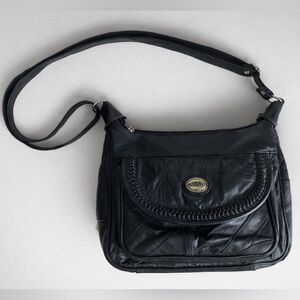 VINTAGE - Black Leather Patchwork Shoulder Bag | Multi Pocket Y2K Travel Purse